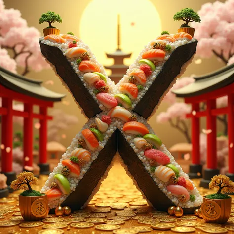 A colossal letter 'X' made entirely of sushi, standing proudly in the heart of a stunning golden city. The sushi 'X' is crafted with precision, featuring layers of colorful sushi rolls, sashimi, avocado, cucumber, and rice, wrapped in deep black nori (seaw...