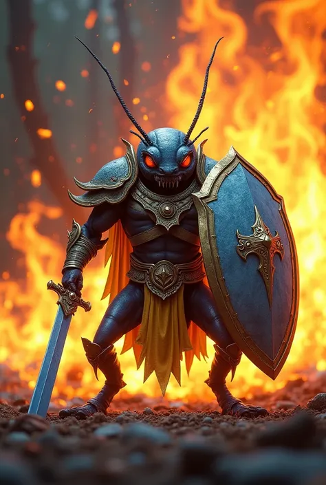 Big cockroach with blue sword, gray shield with yellow armor, The cockroach has to be in front of a fire