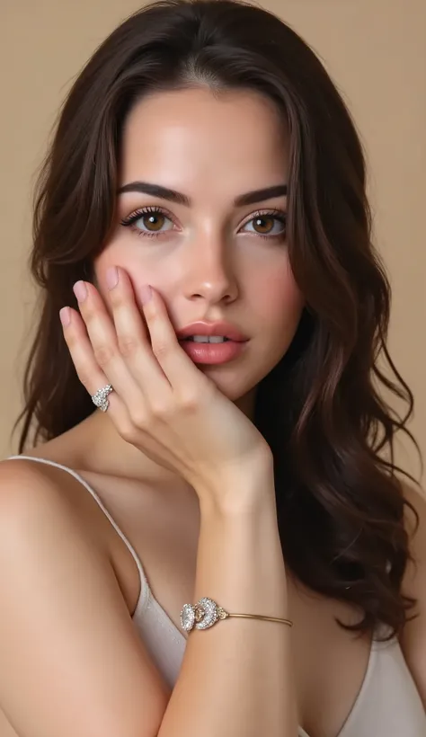 The image is a photograph of a woman with a serene, contemplative expression. She has fair skin, a smooth complexion, and long, dark brown hair that cascades in loose waves over her shoulders. Her eyes are almond-shaped and a light brown color, framed by w...