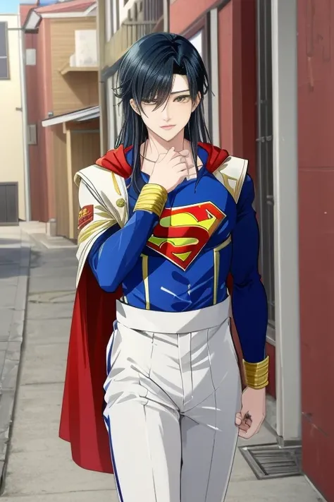 (Best quality), (Best quality), (Best quality), (Full view) Ichigo Hitofuri、 black hair、 yellow eyes、Black eyepatch、 eye patch to the right eye Back alley, Attractive young man 18 years old, Superman costume, 190cm tall, long hair, long bangs, plump lips, ...