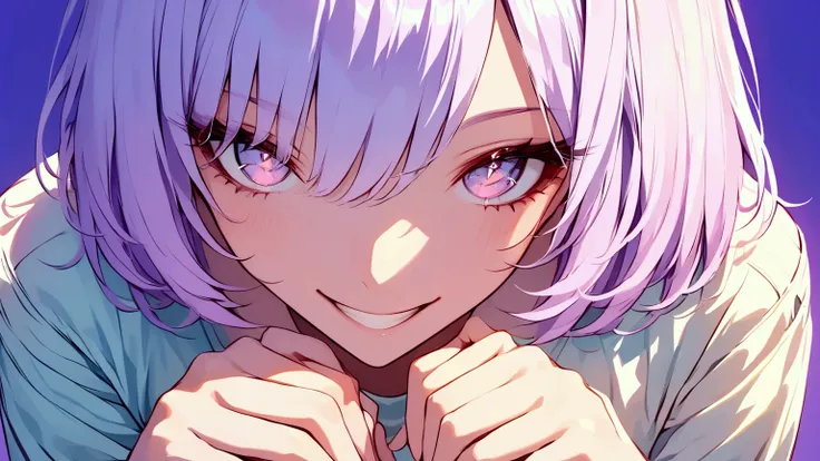 masterpiece, best quality, 8K wallpaper,  poster art, Pastel Colors , middle shot, one girl,simple purple background ,  smiling girl showing teeth, Pastel Hair,  short hair ,  Ultra high fine pupil, smile, I'm leaning forward with my hands on my knees, 