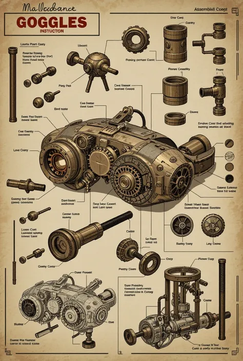 2d drawing, steampunk scheme, concept sketch, hand drawing, steampunk goggles assembly instructions, old scheme