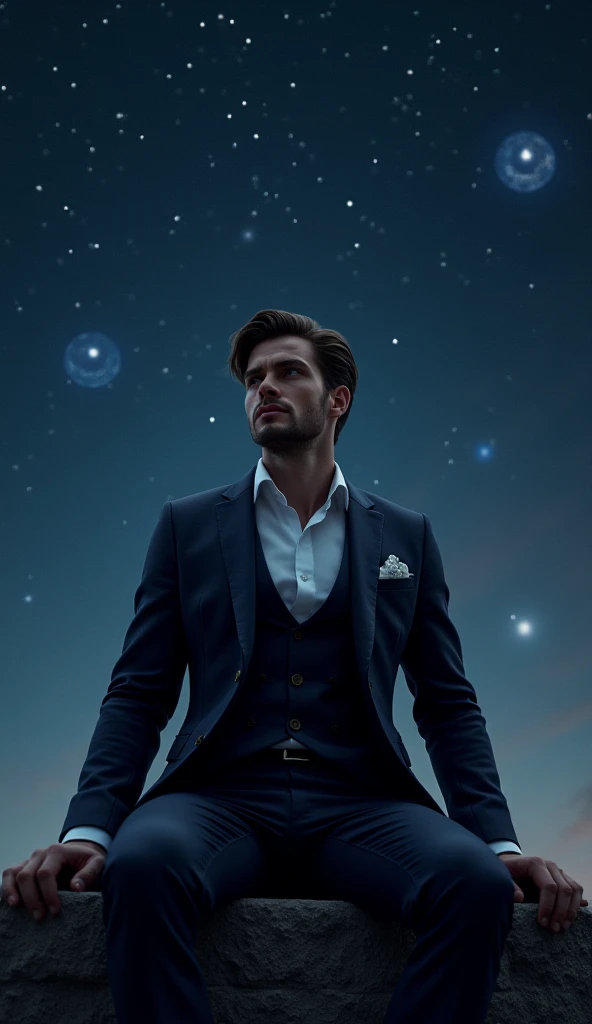 Zodiac sign 　 Starry Sky  　 A man with a source face wearing a handsome suit is sitting　No beard