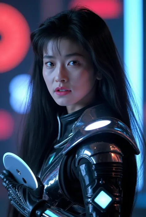   full body image of a female warrior in the Tron movie  ,   holding an identity disc charged in her hand, Battle Mode.    long black hair  ,   shining neon eyeshadow and lipstick  , blue eyes,   shining neon accent on polycarbonate armor  . There's a ligh...