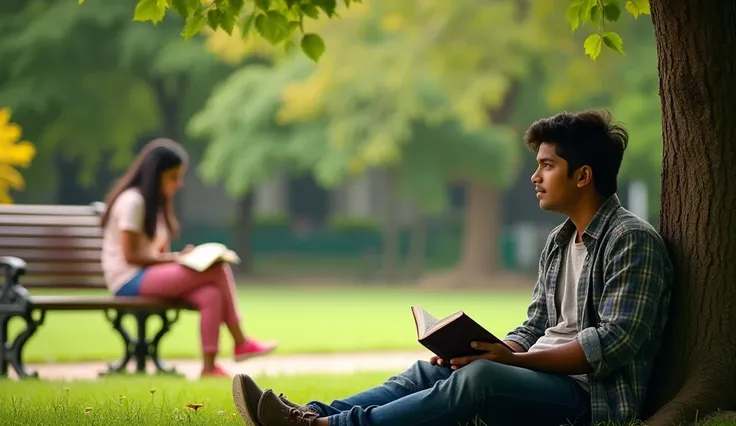 A young Indian 25 Year old College Boy leaning against a tree, admiring a young 21 Year Indian Girl from afar as she sits on a bench reading a book. The setting is a quiet college garden with vibrant flowers and green trees. Give me both with clear image 3...