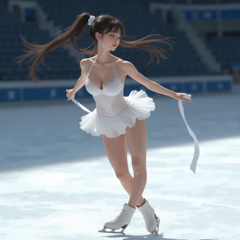  Japanese woman、 ponytail、 scrunchies、 white ribbon、 Figure Skating 、 White Dress 、 see-through、Big Breasts、Skin-colored tights