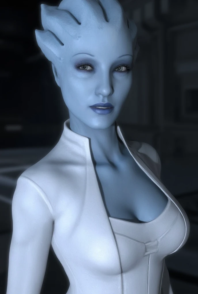 Liara t'soni in a white dress, sad face, beautiful, big breasts