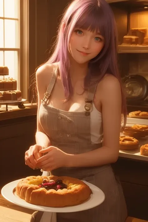 masterpiece,  best quality , (( 1girl ,  solo )), ( light purple hair , long hair),  Blue Eyes, ( medium breasts ), (cake pan,  oven , Bread basket ), (( pastry uniform )),  staring at the viewer , Smile, Shut up, ( inside the bakery , kitchen, table, (cak...