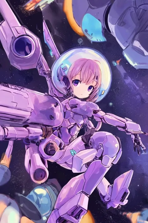 A gorgeous cyborg (cute, bubble helmet, violet sexy armor, violet eyes, rocket boots, rocket backpack and wings, big sci fi gun) striking a heroic pose as she flies through space stopping alien invaders
