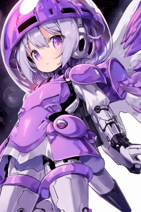 A gorgeous cyborg (cute, bubble helmet, violet sexy armor, violet eyes, rocket boots, rocket backpack and wings, big sci fi gun) striking a heroic pose as she flies through space stopping alien invaders
