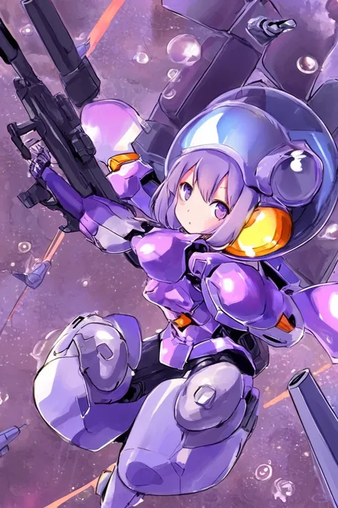 A gorgeous cyborg (cute, bubble helmet, violet sexy armor, violet eyes, rocket boots, rocket backpack and wings, big sci fi gun) striking a heroic pose as she flies through space stopping alien invaders
