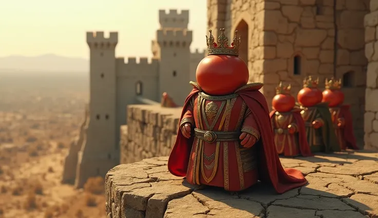 Genrate a image of miniature vegetables tomato king standing on the wall of the fort with his ministers or courtiers, dry battlefield full cinematic seen , wearing the attire of the king 