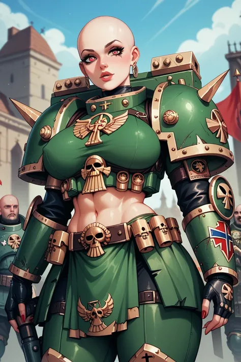  High quality,  8k Ultra HD, warhammer 40000 ,  girl , bald,   black ,  His eyes are red , without pupils,  futanari, green armor