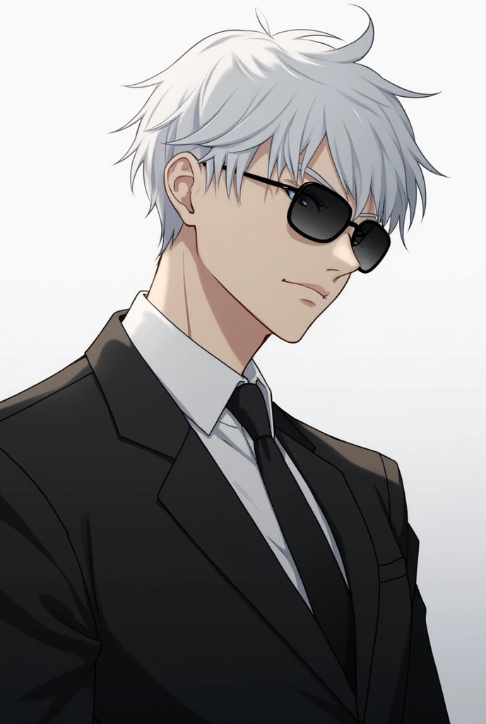 man, White hair,  right eye 빨강,  Left eye 흰색 ,  handsome,  hair white, Close your head on one side , Wear sunglasses,  One Man,  black suit, animated film매이션, animated film,  Korean style male character, Raise hair on one side only