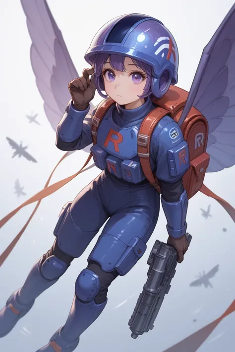 A gorgeous cyborg (cute, bubble helmet, violet sexy armor, violet eyes, rocket boots, rocket backpack and wings, big sci fi gun) striking a heroic pose as she flies through space stopping alien invaders
