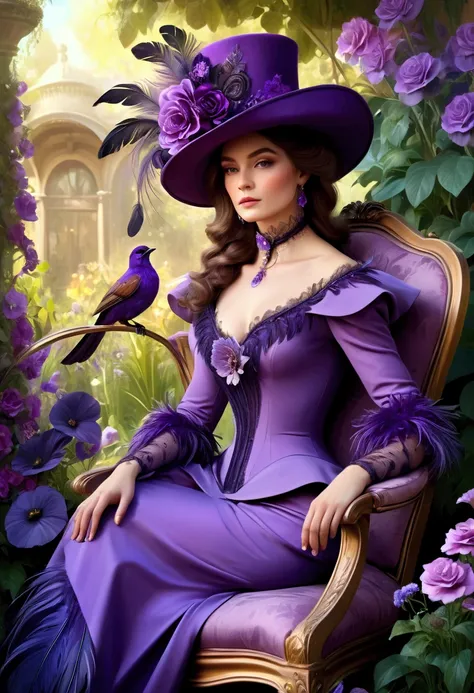 Volumetric light, painting of a woman in a purple dress and hat with a feather and flowers, sitting on a chair in the garden ,  among beautiful flowers ,  fantasy victorian art ,  Victorian lady , beautiful fantasy portrait, dressed in purple,  elegant dig...