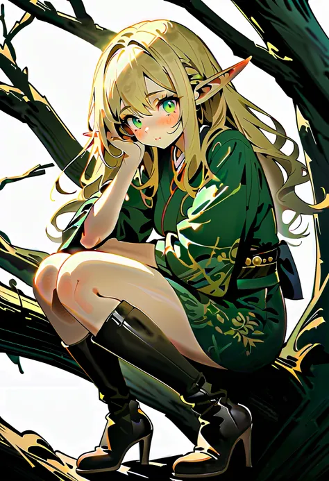 ((masterpiece)), (( best quality)), (( high resolution)), (( very detailed unified CG 8k wallpaper )), ((On the branches of a tree in a deep forest:1.3)), (( female elf cartoon character wearing a beautiful kimono,  Pointed Elf Ears  ,  wavy blonde hair,  ...