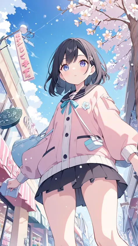 winter、snow、Clear skies、Oblique light、street tree、flower、 sign、 shopping、Fashionable clothing store、 1 girl in the best,  black hair、 miniskirt、 anime style、 Dutch angle, ribbon,  accessories, pastel style 、 looking up from below、 widescreen、Wide angle