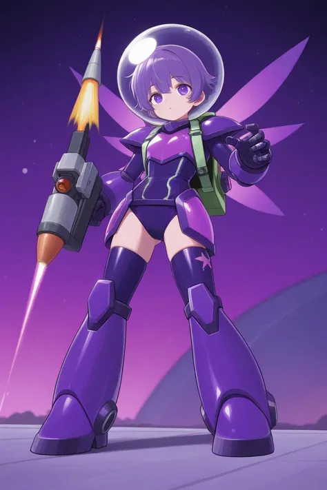 A gorgeous cyborg (cute, bubble helmet, violet sexy armor, violet eyes, rocket boots, rocket backpack and wings, big sci fi gun) striking a heroic pose as she flies through space stopping alien invaders
