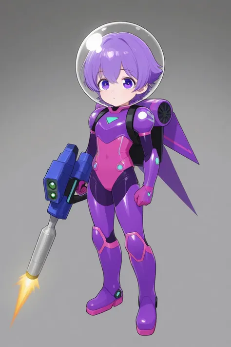 A gorgeous cyborg (cute, bubble helmet, violet sexy armor, violet eyes, rocket boots, rocket backpack and wings, big sci fi gun) striking a heroic pose as she flies through space stopping alien invaders
