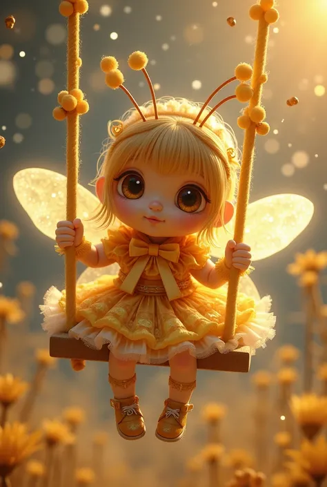 (masterpiece、  best quality)、 A mix of ultra-realistic images of bees and fantasy , A cute honeybee rides a swing in Lolita fashion、I have an amber candy、Pretty twinkling pupils 、 frills and bows 、 dreamy space、 warm atmosphere 、 natural light、 high resolu...