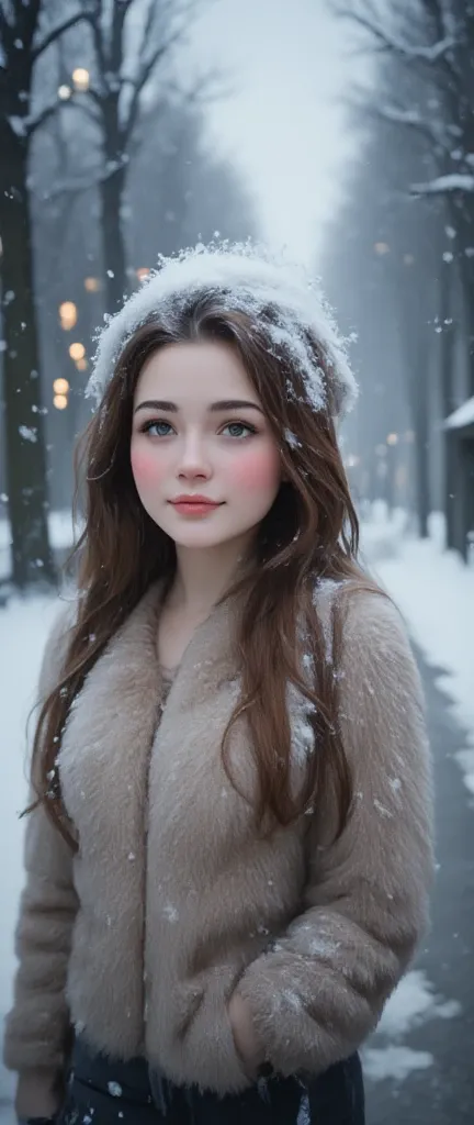 1 girl, European, dark hair winter (upper body close-up), a girl is walking along a long alley with trees. The girl's body is shot from the side, her head is turned towards the viewer. winter atmosphere, (snow falls in flakes), snowdrifts, fog. Cold. Frost...