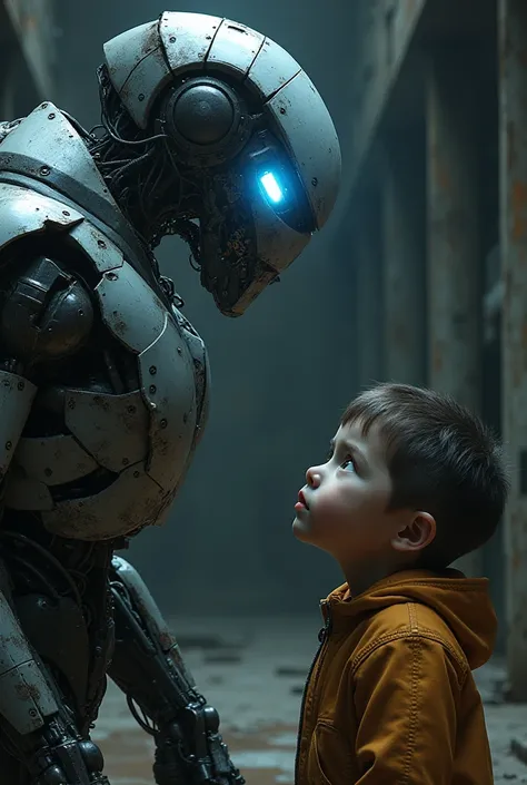 The robot looking at boy with glowing blue eyes, showing its small damaged wing