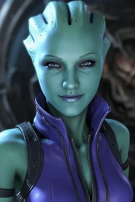 Asari adventurer in a purple tank top, cocky smile, beautiful, small breasts (b cups), portrayed by AnnaSophia Robb, teal skin 