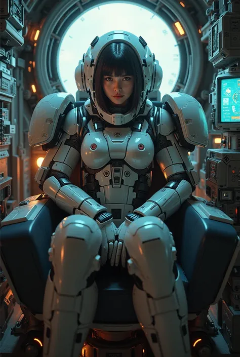 Concept art of girl mecha pilot , sitting in mecha cabin , masterpiece, realistic anatomy, dynamic lighting, detailed interior