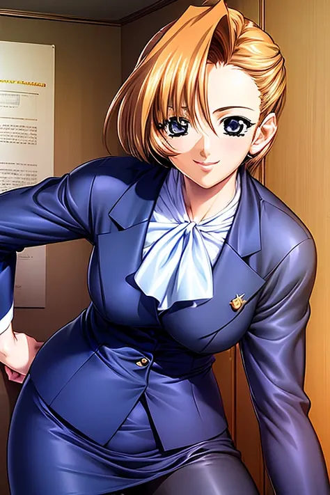 (((1 lady))), ((leaning to the side)), (best quality), (masterpiece), ((portrait)), つやのある肌, smile, office lady suit , medium breasts