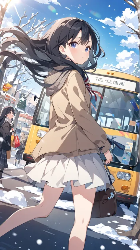 winter、snow、Clear skies、street tree、bus、car、 sign、 shopping、 1 girl in the best,  black hair、 long hair、The wind is blowing、 flare skirt 、 anime style、 Dutch angle, ribbon,  accessories, 