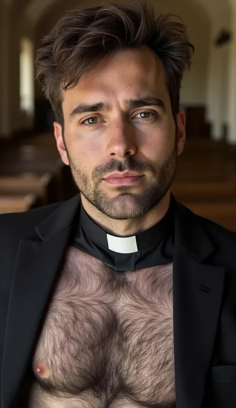 masterpiece, best quality, high resolution, closeup portrait, male focus, solo focus, A man, 35 years old, with priest uniform, priest clothes, priest father, hair, messy hairstyle, cute and seductive face, bare chest,  young attractive man, very hairy bod...