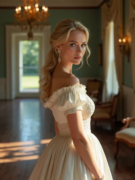 A beautiful blonde American Southern woman, dressed in Southern dress, stands in the foyer of a stately plantation house, North facing South