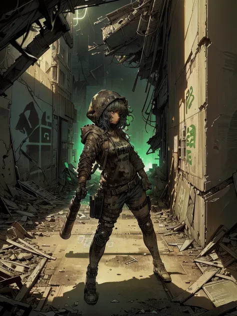 (( post-apocalyptic  Wasteland, abandoned place, debris,  destruction ,   destroyed buildings , graffiti on the walls :1.5)), ((A beautiful dark girl ,  ragged clothes with hoodies and bazooka in her hand about to shoot,  dynamic pose, epic:1.6)), (( Dark ...