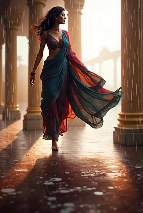 As I walk gracefully through the rain, my saree clings gently to my skin, the fabric shimmering with droplets that catch the light. The coolness of the water is refreshing against my warm skin, and though I may be soaked, there’s a certain beauty in this m...