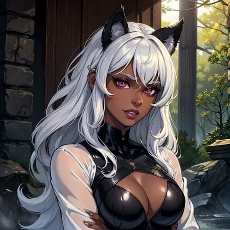 (best quality,4k,8k,highres,masterpiece:1.2), ultra-detailed, (realistic,photorealistic,photo-realistic:1.37), (mature ebony-skinned female,darker skin:1.3) black woman with darker skin and long white curly hair, white hair, wearing a colorful gown, darker...