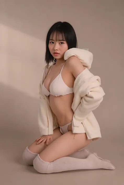 masterpiece、Knee Standing Pose （Leg spread、 stick your butt out）  sexy bikini 、Fluffy hoodie、underboob、Undrenched Breasts、 sexy butt、 and sexy thighs 、knee high socks、