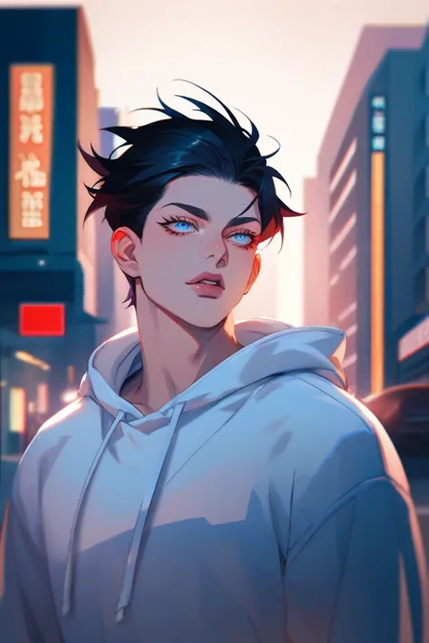 high quality, 8K Ultra HD, A man with a long black hair, pale blue eyes, plump lips, sharp jawline, muscular and athletic build, smooth skin, small waist, long eyelashes, beautiful face, fair skin tone, thin almond eyes, wearing a white hoodie and a black ...