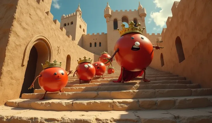 Genrate a image of miniature tomato king in his court ,  climbing the stairs of the fort with his ministers or courtiers( ,)in tension and fastly , dry  seen