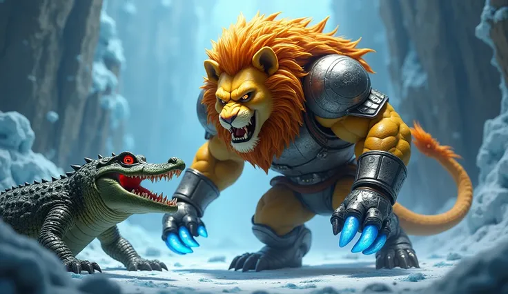 A 3D image of  A cartoon angry, aggressive powerful male lion (a sleek golden coat, wearing protective safety gear. His limbs have a metallic sheen, and glowing blue cybernetic claws enhance his strength. His sharp eyes radiate intelligence as he stands po...