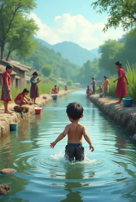 Boy in river while people are washing clothes and filling up their buckets with water