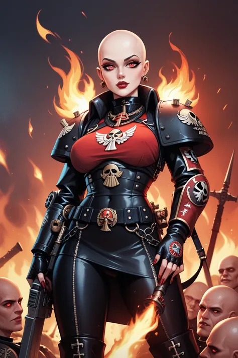  High quality,  8k Ultra HD, warhammer 40000 ,  girl , bald,  reddish black leather,  red eyes, without pupils,  futanari, fire