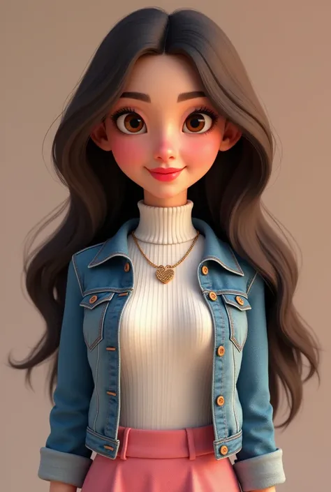  Pixar 3D style creates a beautiful 25-year-old woman with fair skin ,  brown eyes,  long dark brown hair , Your face is delicate,  her nose is rounded and her lips are small . In her makeup ,  She wears red lipstick .  She is wearing a white turtleneck bl...