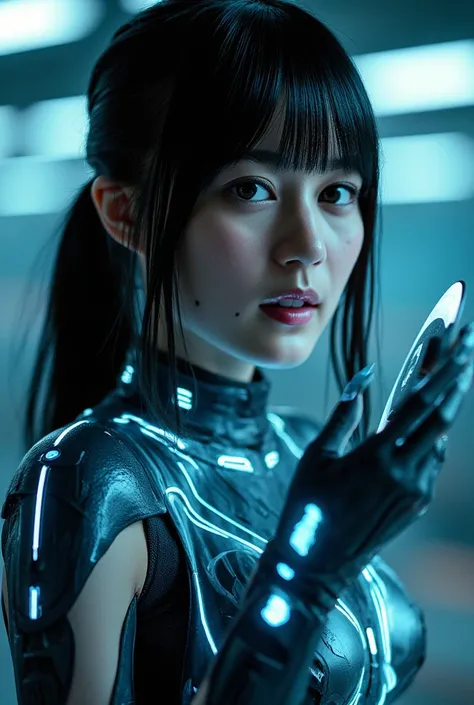    full body image of a female warrior from the Tron movie   ,    holding an identity disc charged in her hand, BATTLE MODE.      long black hair   ,    shining neon eyeshadow and lipstick   , blue eyes,    polycarbonate armor with glowing fluorescent acce...