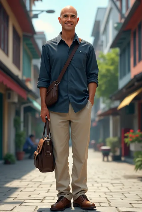 4d comics .  30-year-old Indonesian man  . Bald-headed   .   wearing a dark blue shirt and cream pants. leather shoes .  carrying a shoulder bag  .  standing on street pavement   .  realistic focus   