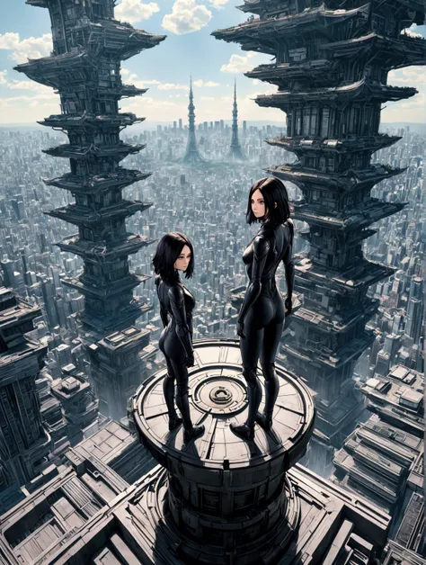 Alita: Battle Angel standing on a futuristic Japanese tower in a futuristic Tokyo, ((((( looking at the spectator ))))), (((((centered))))), (((head in the photo))), {(((((full-body-shot:0.8)))))}