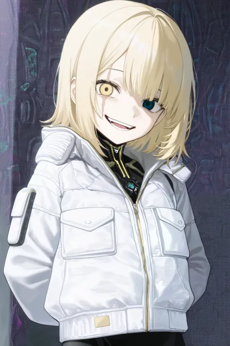 Operator (warframe), 1 girl, straight hair, blonde, medium hair, scar across left eye, no scar on right eye, black body suit, smug, white puffer jacket, hands behind back, heterochromia(((left white, right turquoise))), black chocker, empty eyes, looking a...