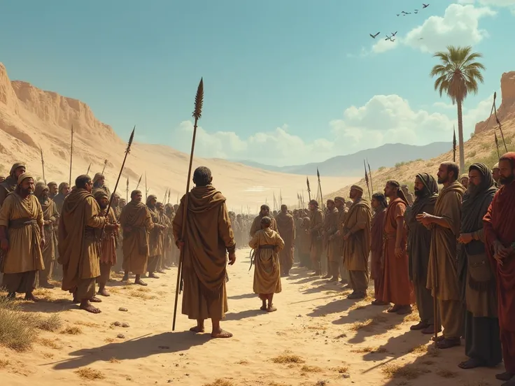 a scene of the people of Israel suffering from oppression in Babylon. In a scenario of slavery in the middle of the desert in 850 BC.