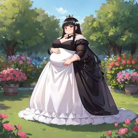 masterpiece,  best quality, Advanced Details ,  long black hair ,  one beautiful princess, obesity, Standing in the garden ,  The entire dress completely covers the body.black elegant princess dress, full body、