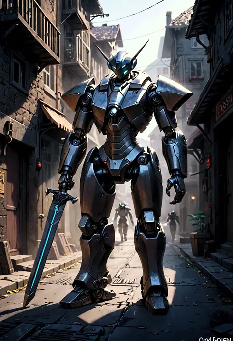 Evil robot with a sword and is on the streets of the town.